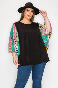 Black Shirt Top w Boho Floral Bell Sleeves