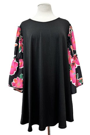 Black Top with Big Pink Floral Sleeves