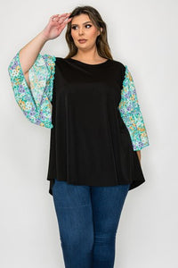 Black Shirt Top with Beautiful Floral Bell Sleeves