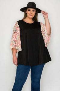 Black Shirt Top w Floral Boho Sleeves