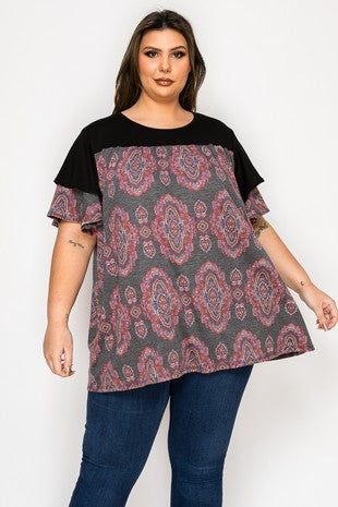 Black Shirred Heathered Gray Design Shirt Top