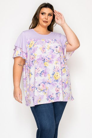 Purple Shirred Floral Shirt Top