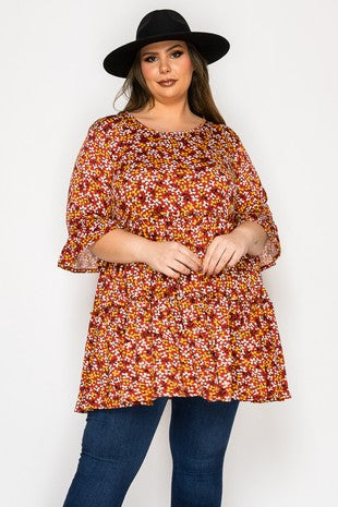 Brown Tiered Floral Shirt Top Tunic
