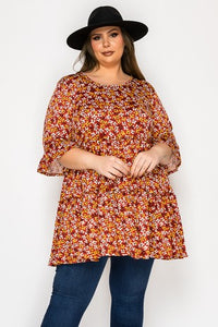Brown Tiered Floral Shirt Top Tunic
