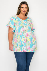 Blue Pink Yellow Floral Shirt Top