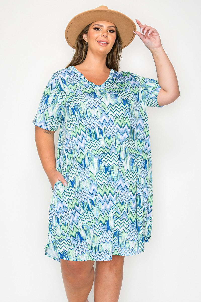 Blue Green Chevron Dress w Pockets Plus Size For Us Blue Green Chevron Dress w Pockets Plus Size For Us
