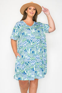 Blue Green Chevron Dress w Pockets