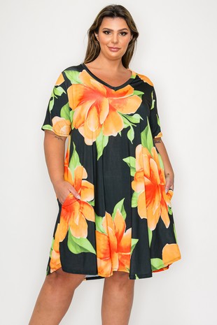 Black Orange Floral Dress w Pockets