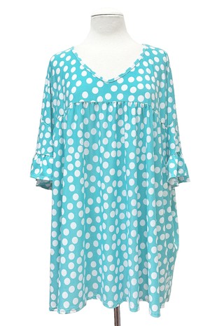 Teal Polka Dot Shirred Shirt Top