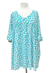 Teal Polka Dot Shirred Shirt Top