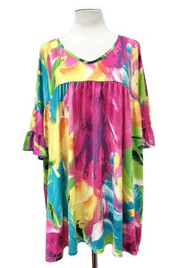 Pink Teal Yellow Green Shirred Shirt Top