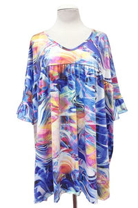 Blue Pink Yellow Tie Dye Swirl Shirred Shirt Top