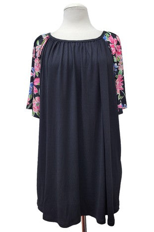 Black Shirt Top w Floral Sleeves