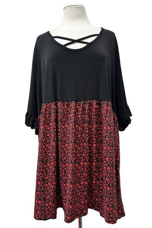 Black Criss Cross Neckline Shirt Top w Red Floral Bottom