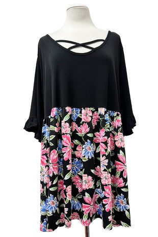 Black X Neck Shirt Top with Floral Bottom
