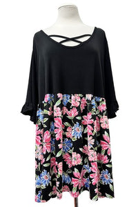 Black X Neck Shirt Top with Floral Bottom