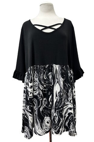 Black X Neck Shirt Top Marble Swirl Bottom