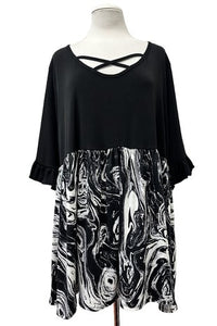 Black X Neck Shirt Top Marble Swirl Bottom