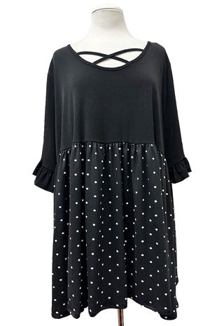 Black Criss Cross Neckline with Black White Polka Dot Bottom