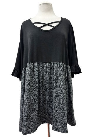Black X Neck Shirt Top Gray Leopard Bottom