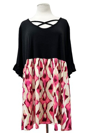 Black X Neck Shirt Top Pink Design Bottom