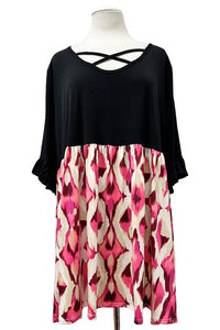 Black X Neck Shirt Top Pink Design Bottom