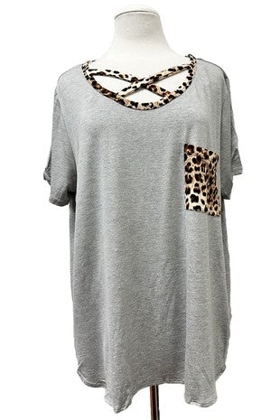 Gray Leopard Criss Cross X Neck Shirt Top w Pocket
