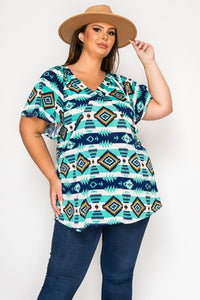 Navy Turquoise Aztec Wester Shirt Top