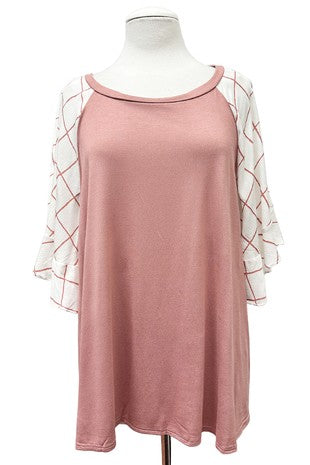 Pink Shirt Top with White Pink Plaid Sleeves