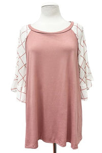 Pink Shirt Top with White Pink Plaid Sleeves