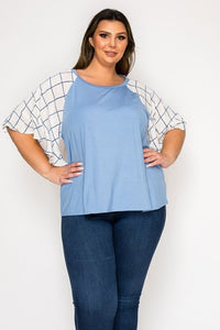 Blue Shirt with Blue White Plaid Sleeves
