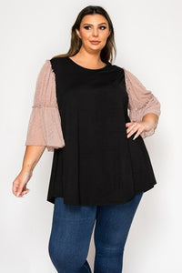 Black Shirt Top w Swiss Dot Textured Sleeves