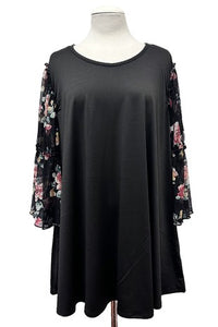 Black Shirt Top w Black Floral Sleeves