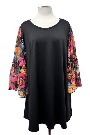 Black Shirt Top w Gorgeous Bright Floral Sleeves