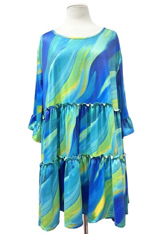 Blue Green Tie Dye Tiered Shirt Top