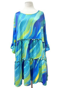 Blue Green Tie Dye Tiered Shirt Top