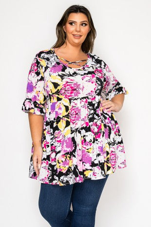 Black Purple Yellow Floral X Neck Shirt Top