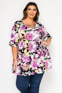 Black Purple Yellow Floral X Neck Shirt Top