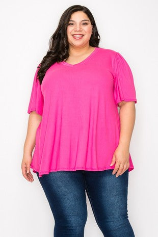 Solid Bright Pink Shirt Top Wide Sleeves