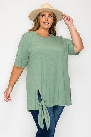 Green Ribbed Knot Shirt Top Tunic Length