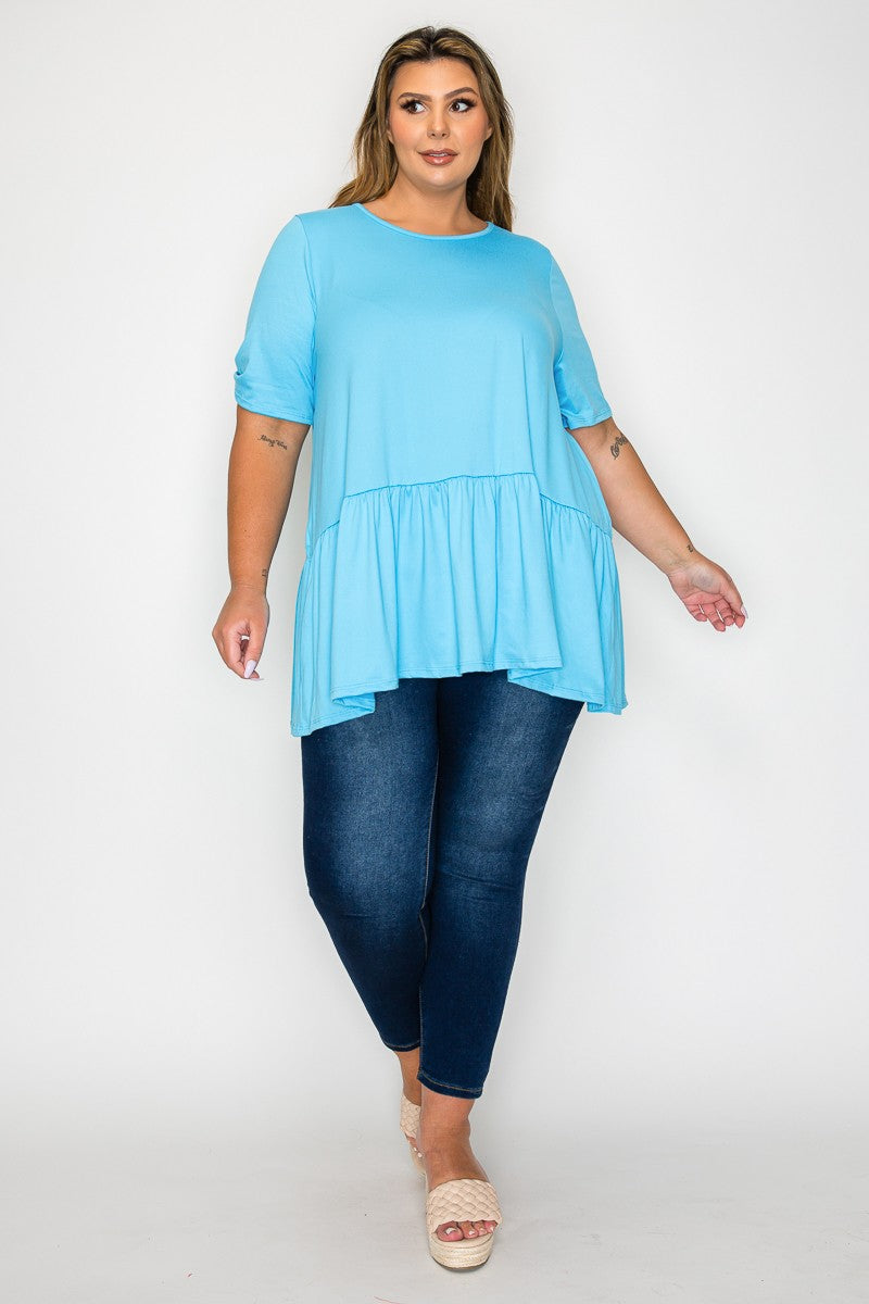 Solid Blue Shirt Top w Ruffle Bottom