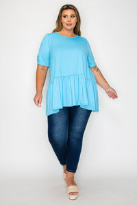 Solid Blue Shirt Top w Ruffle Bottom