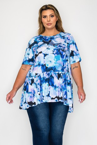 Blue Purple Floral Shirt Top with Ruffle Hem Bottom