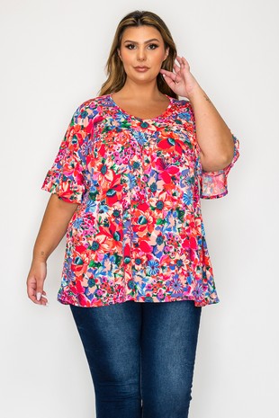 Red Floral Shirred Shirt Top