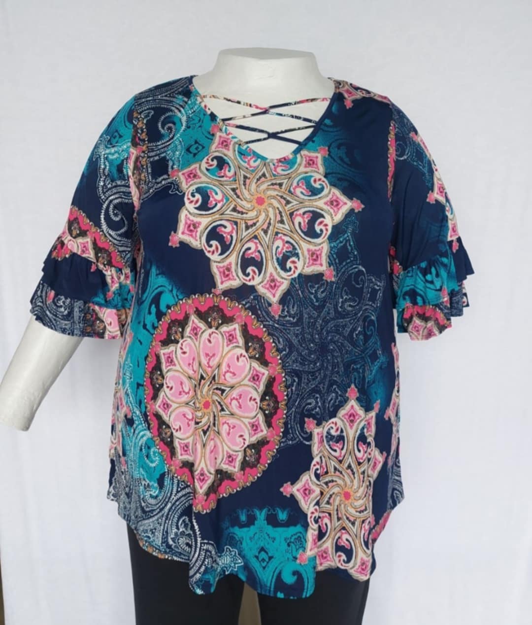 PSFU Blue Medallion X Neck Shirt Top