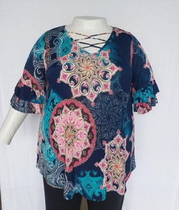 PSFU Blue Medallion X Neck Shirt Top