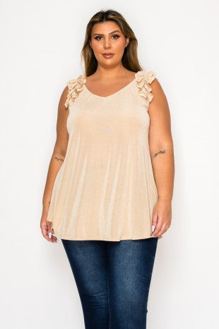 Beige Light Shine Ruffle Strap Tank Top Shirt