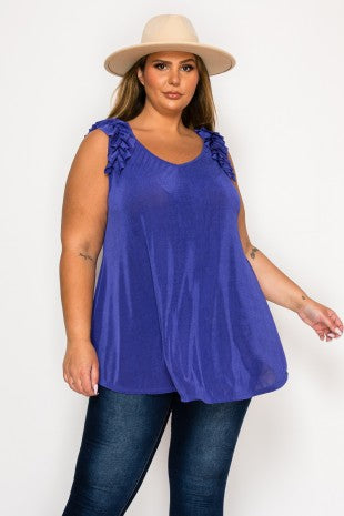 Gorgeous Solid Blue Ruffle Strap Tank Top Shirt