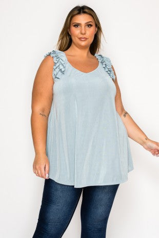 Light Blue Gray Ruffle Strap Tank Top Sleeveless Shirt