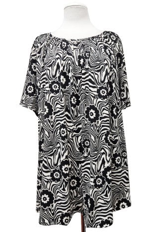 Retro Black & White Floral Shirt Top